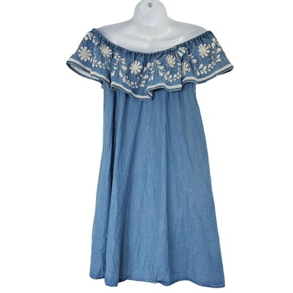 Rebecca Minkoff Summer Short Dress Small Blue Denim Chambray Off Shoulder Pocket - Picture 2 of 9